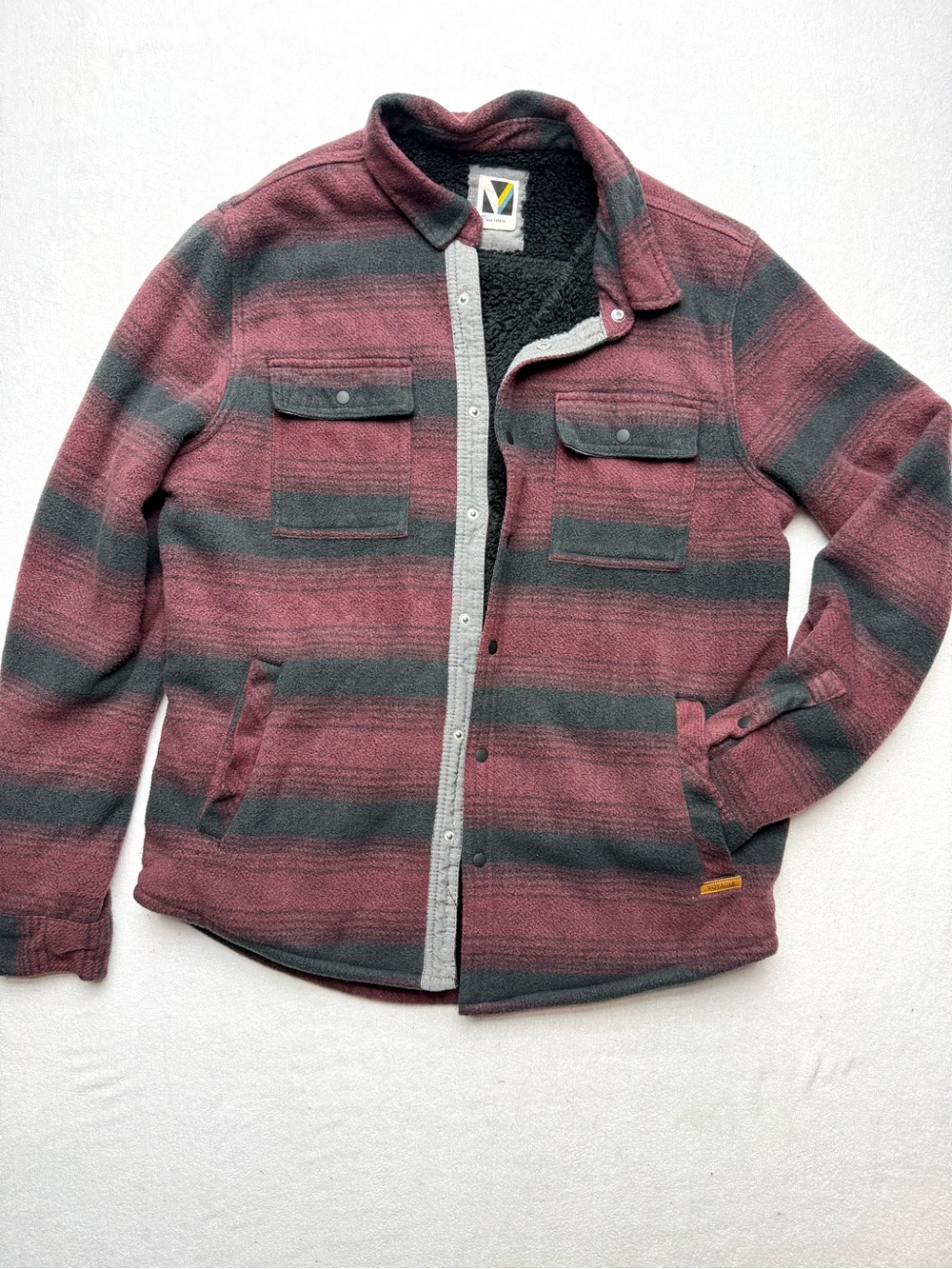 Striped Sherpa-Lined Shirt Jacket in Burgundy and Charcoal